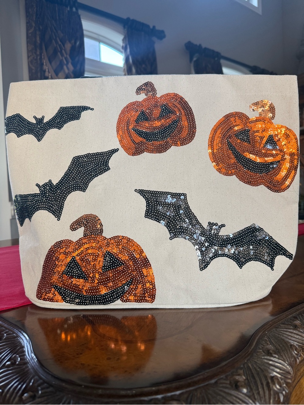 Sequin Pumpkin & Bat Halloween Tote - Orange and Black